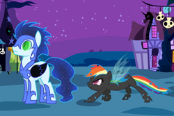 Size: 1024x683 | Tagged: safe, artist:rulette, nightmare moon, rainbow dash, soarin', changeling, pegasus, pony, clothes, costume, female, male, nightmare night, shipping, soarindash, straight