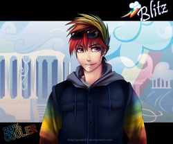 Size: 1317x1096 | Tagged: safe, artist:pocki07, derpibooru import, rainbow blitz, rainbow dash, human, humanized, rule 63, solo