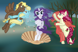 Size: 2250x1500 | Tagged: safe, artist:pumqin, compass star, rarity, roseluck, sassaflash, earth pony, pegasus, pony, unicorn, bipedal, cappuccino, classic art, covering, female, fine art parody, male, mare, parody, stallion, the birth of venus