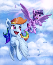 Size: 1200x1487 | Tagged: safe, artist:tsitra360, derpibooru import, rainbow dash, twilight sparkle, twilight sparkle (alicorn), alicorn, pegasus, pony, art, crepuscular rays, cute, dashabetes, duo, female, flying, flying buddies, mare, open mouth, signature, twiabetes