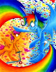 Size: 2529x3279 | Tagged: safe, artist:randamu-chan, rainbow dash, scootaloo, pegasus, pony, blue coat, female, mare, multicolored mane