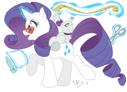 Size: 900x649 | Tagged: safe, artist:chib-bee, opalescence, rarity, pony, unicorn, duo, glasses, magic, measuring tape, pencil, pet, rarity's glasses, scissors