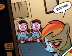 Size: 735x574 | Tagged: safe, artist:andypriceart, idw, rainbow dash, ghost, pegasus, pony, spoiler:comic, andy you magnificent bastard, comic, door, stephen king, the grady girls, the shining, this will end in tears