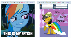 Size: 585x313 | Tagged: safe, derpibooru import, daring do, rainbow dash, pegasus, pony, daring don't, derpibooru, exploitable meme, juxtaposition, juxtaposition win, meme, meta