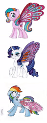 Size: 939x2435 | Tagged: safe, artist:nancyksu, rainbow dash, rarity, butterfly, pegasus, pony, unicorn, butterfly pony, butterfly wings, glimmer wings, ploomette, shocked, wings