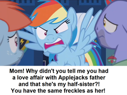 Size: 1078x808 | Tagged: safe, derpibooru import, edit, edited screencap, screencap, bow hothoof, rainbow dash, windy whistles, pegasus, pony, parental glideance, angry, freckles, implied infidelity, op is on drugs, rainbow dash is best facemaker, treehouse logo, wat, yelling