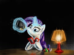 Size: 1024x768 | Tagged: safe, artist:xx-mr-no-name-xx, rarity, pony, unicorn, alcohol, bottle, jack daniels, magic, poker, solo, whiskey