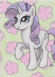 Size: 259x366 | Tagged: safe, artist:silverybeast, rarity, pony, unicorn, female, flower, looking up, mare, signature, solo, traditional art