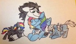 Size: 1024x598 | Tagged: safe, artist:pimpartist101, rainbow dash, soarin', oc, pegasus, pony, female, male, offspring, parent:rainbow dash, parent:soarin', parents:soarindash, shipping, soarindash, straight, traditional art