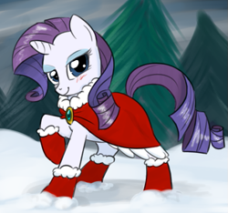 Size: 579x542 | Tagged: safe, artist:naroclie, artist:tggeko, rarity, pony, unicorn, colored, outfit, snow, winter