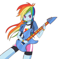 Size: 784x786 | Tagged: safe, artist:yog, rainbow dash, equestria girls, rainbow rocks, armband, clothes, compression shorts, cute, dashabetes, electric guitar, grin, guitar, looking at you, pixiv, playing, simple background, skirt, solo, white background, windswept mane