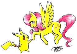 Size: 987x702 | Tagged: safe, artist:evilmel, fluttershy, pegasus, pikachu, pony, crossover, pokémon