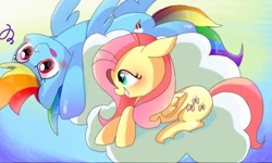 Size: 512x308 | Tagged: safe, artist:miki 14, fluttershy, rainbow dash, pegasus, pony, cloud, duo, female, mare