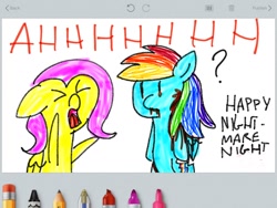 Size: 1024x768 | Tagged: safe, fluttershy, rainbow dash, pegasus, pony, female, mare, nightmare night, not blood, wings