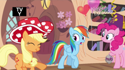 Size: 1024x576 | Tagged: safe, derpibooru import, applejack, pinkie pie, rainbow dash, earth pony, pegasus, pony, daring don't, apple hat, balloon, fez, hat, national random holiday party day, party stetson, scrunchy face