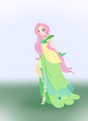 Size: 1275x1750 | Tagged: safe, artist:rainekitty, fluttershy, breasts, clothes, delicious flat chest, dress, flattershy, gala dress, humanized, side slit, skinny, solo