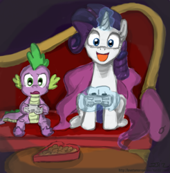 Size: 837x850 | Tagged: safe, artist:johnjoseco, rarity, spike, dragon, pony, unicorn, colored, controller, female, gamer rarity, male, shipping, sparity, straight, unicorn master race, video game