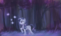 Size: 653x393 | Tagged: safe, artist:emizu, rarity, pony, unicorn, female, forest, mare, purple mane, solo, white coat