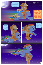 Size: 3254x4837 | Tagged: safe, artist:gutovi, derpibooru import, applejack, rainbow dash, earth pony, pegasus, pony, comic:why me!?, absurd resolution, comic, flying, mare in the moon, moon, night, ponies riding ponies