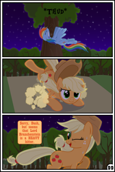 Size: 3254x4837 | Tagged: safe, artist:gutovi, derpibooru import, applejack, rainbow dash, earth pony, pegasus, pony, comic:why me!?, absurd resolution, bad pun, comic, flying, night, pun