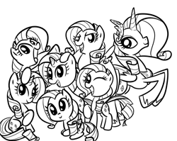 Size: 880x700 | Tagged: safe, artist:tess, rarity, alicorn, earth pony, pegasus, pony, unicorn, alicornified, commonity, monochrome, multeity, race swap, raricorn