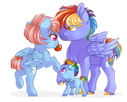 Size: 1997x1613 | Tagged: safe, artist:schokocream, derpibooru import, bow hothoof, rainbow dash, windy whistles, pegasus, pony, apple, female, filly, filly rainbow dash, food, mohawk, rainbow dash's parents, simple background, white background, windyhoof, younger