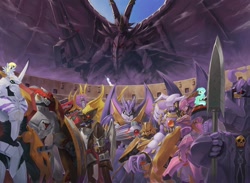 Size: 1500x1096 | Tagged: safe, derpy hooves, rarity, pegasus, pony, unicorn, alphamon, craniamon, craniumon, digimon, duftmon, dukemon, dynasmon, examon, female, gallantmon, kentaurosmon, leopardmon, lordknightmon, magnamon, mare, omegamon, omnimon, royal knights, sleipmon, ulforceveedramon