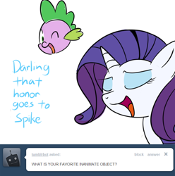 Size: 604x610 | Tagged: safe, artist:bambooharvester, rarity, spike, dragon, pony, unicorn, ask, rarity replies, tumblr