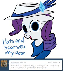 Size: 640x720 | Tagged: safe, artist:bambooharvester, rarity, pony, unicorn, ask, hat, rarity replies, tumblr