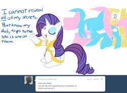 Size: 982x720 | Tagged: safe, artist:bambooharvester, aloe, lotus blossom, rarity, pony, unicorn, ask, rarity replies, spa twins, tumblr