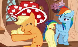 Size: 949x572 | Tagged: safe, derpibooru import, applejack, rainbow dash, earth pony, pegasus, pony, daring don't, apple hat, dancing, hat, national random holiday party day, palindrome get, party stetson, scrunchy face, silly, silly pony