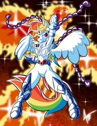 Size: 2239x2894 | Tagged: safe, artist:cynos-zilla, derpibooru import, rainbow dash, pegasus, phoenix, pony, armor, featureless crotch, female, looking at you, mare, saint seiya, unconvincing armor, underhoof