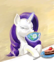 Size: 784x900 | Tagged: safe, artist:steamroller988, rarity, pony, unicorn, cake, female, horn, mare, solo, tea