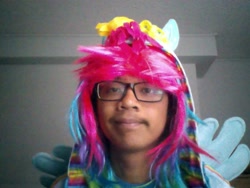 Size: 800x600 | Tagged: safe, rainbow dash, human, clothes, cosplay, costume, hoodie, irl, irl human, photo, wig, wings