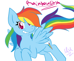 Size: 1024x853 | Tagged: safe, artist:murasaki, rainbow dash, pegasus, pony, blue coat, female, mare, multicolored mane, simple background, solo, white background, wings