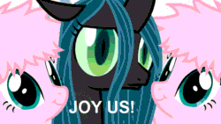 Size: 640x360 | Tagged: safe, queen chrysalis, oc, oc:fluffle puff, changeling, changeling queen, canon x oc, chrysipuff, female, joy us, lesbian, shipping