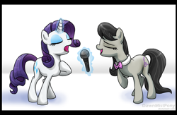 Size: 2589x1688 | Tagged: safe, artist:dawnmistpony, octavia melody, rarity, earth pony, pony, unicorn, duet, female, lesbian, raritavia, shipping, singing