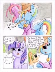 Size: 786x1016 | Tagged: safe, artist:the1king, rainbow dash, twilight sparkle, twilight sparkle (alicorn), alicorn, pegasus, pony, comic:fluttershy and the rainbow factory, fanfic:rainbow factory, bwotie, comic, critic, crossover, female, flute, frock coat, mare, musical instrument, parody, rainbow dash is best pony, traditional art, twibitch sparkle, willy wonka, willy wonka and the chocolate factory, wing hands