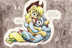 Size: 1485x1000 | Tagged: safe, artist:punk-pegasus, derpibooru import, applejack, rainbow dash, earth pony, pegasus, pony, castle mane-ia, duo, hug, scared, traditional art