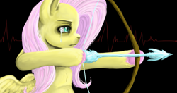 Size: 1169x615 | Tagged: safe, artist:colorlesscupcake, fluttershy, pegasus, pony, archery, arrow, bow (weapon), bow and arrow, crying, solo, weapon