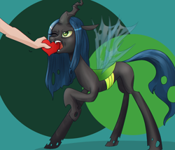 Size: 800x686 | Tagged: dead source, safe, artist:zilvtree, queen chrysalis, changeling, changeling queen, human, biting, female, heart