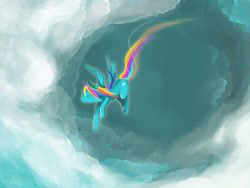 Size: 900x675 | Tagged: artist needed, source needed, safe, rainbow dash, pegasus, pony, cloud, cloudy, eyes closed, flying, solo