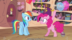 Size: 638x354 | Tagged: safe, derpibooru import, screencap, pinkie pie, rainbow dash, earth pony, pegasus, pony, daring don't, balloon, bipedal, fez, hat, meme, national random holiday party day, streamers, youtube caption