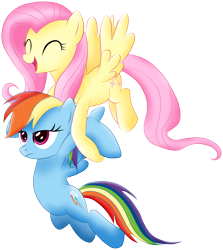 Size: 2120x2380 | Tagged: safe, artist:shtopor7, derpibooru import, fluttershy, rainbow dash, pegasus, pony, may the best pet win, cute, eyes closed, female, flying, grabbing, happy, mare, unamused