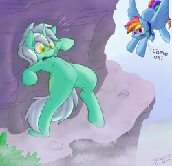 Size: 3000x2900 | Tagged: safe, artist:skoon, lyra heartstrings, rainbow dash, pegasus, pony, backbend, cliff, high res