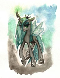 Size: 1024x1326 | Tagged: safe, artist:kittyxboo, queen chrysalis, changeling, changeling queen, solo, traditional art, walking, watercolor painting