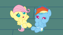 Size: 1920x1080 | Tagged: safe, artist:babyshy, derpibooru import, fluttershy, rainbow dash, pegasus, pony, baby, baby dash, baby pony, babyshy, diaper, female, hoof sucking, mare, younger