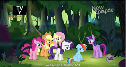 Size: 1153x609 | Tagged: safe, derpibooru import, screencap, applejack, fluttershy, pinkie pie, rainbow dash, rarity, twilight sparkle, twilight sparkle (alicorn), alicorn, earth pony, pegasus, pony, unicorn, daring don't, female, mane six, mare, meme, youtube caption