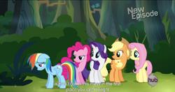 Size: 1152x608 | Tagged: safe, derpibooru import, screencap, applejack, fluttershy, pinkie pie, rainbow dash, rarity, earth pony, pegasus, pony, unicorn, daring don't, meme, youtube caption