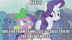 Size: 400x225 | Tagged: safe, edit, edited screencap, screencap, cloud kicker, coco crusoe, doctor whooves, lyra heartstrings, rainbowshine, rarity, spike, dragon, earth pony, pony, unicorn, boast busters, bad pickup line spike, caption, exploitable meme, image macro, male, mare, meme, stallion, tennessee